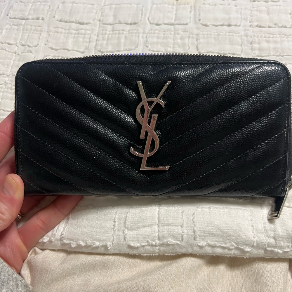 Saint Laurent Black Chevron Quilted Leather Zip-Around Wallet with Silver YSL